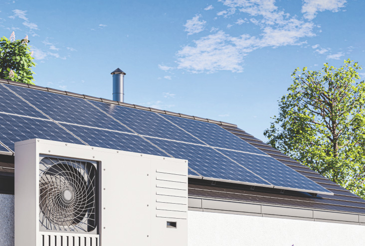 Solarpanel auf dem Dach eines Hauses, kombiniert mit einer Wärmepumpe für nachhaltige Energiegewinnung.